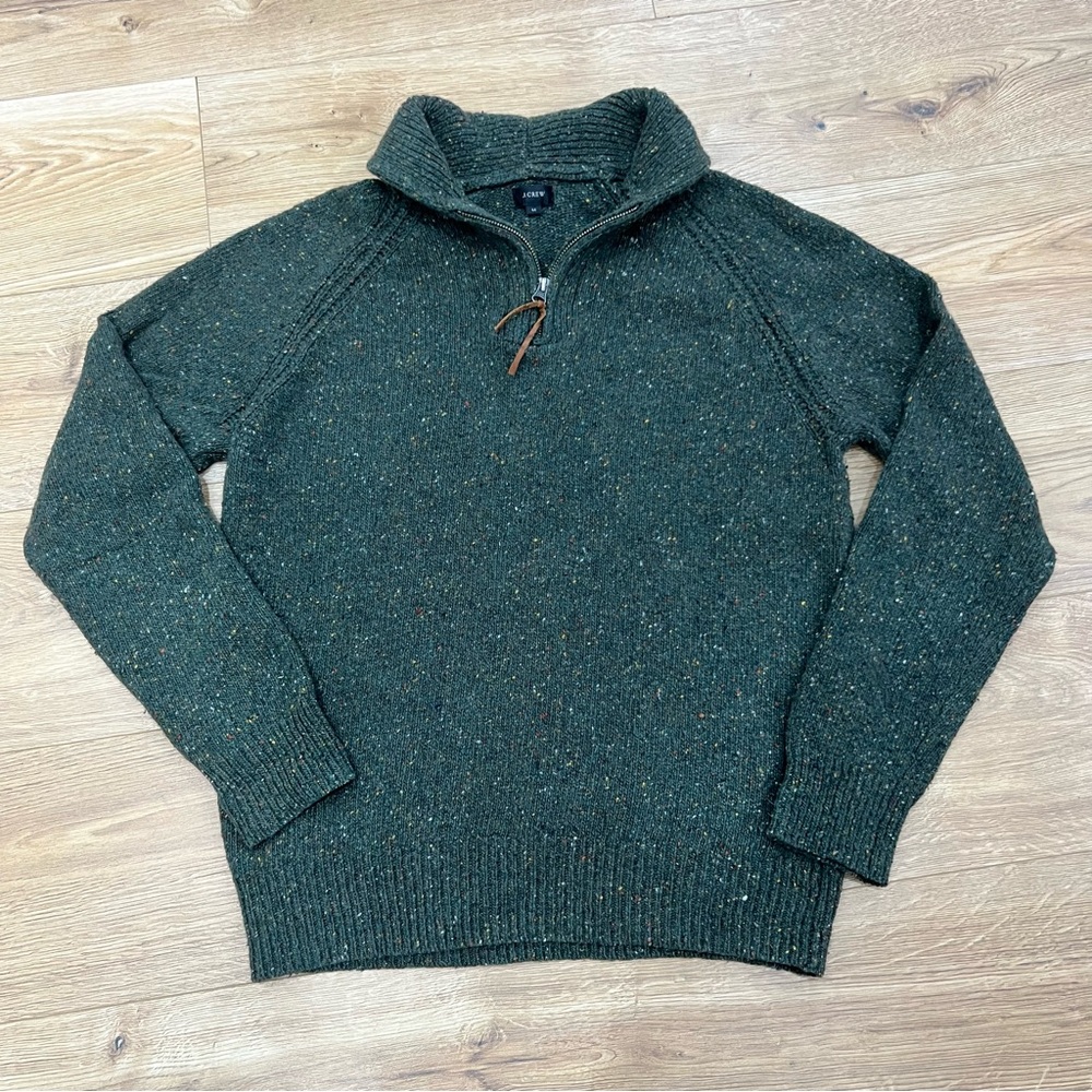 J. Crew Green Marled Wool Blend Quarter-zip Sweater Standup Collar Mens M